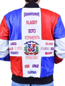 Team Dominican Republic Home Run Jacket back view in professional multicolor PU leather with luxury rib knitted hem.