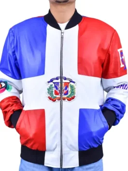 Team Dominican Republic Home Run Jacket front view highlighting professional multicolor finish and luxury full sleeves.