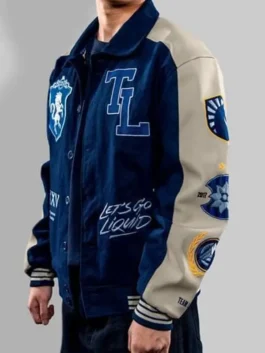 Team Liquid 2025 Letterman Jacket in bold blue and white real leather with a shirt collar and Team Liquid's sharp 2025 esports fan identity.