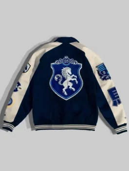 Team Liquid 2025 Letterman Jacket back view in bold blue and white real leather with striking Team Liquid detailing and a clean structured rib knitted hem.