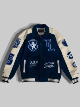 Team Liquid 2025 Letterman Jacket front view in bold blue and white real leather with a shirt collar, button closure and sharp everyday esports fan silhouette.