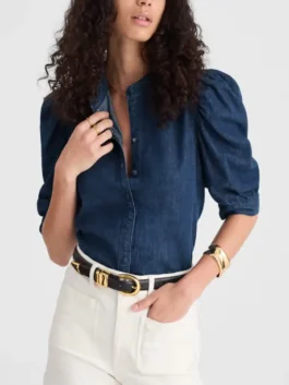 The Comeback S03 Lisa Kudrow Denim Shirt featuring professional blue finish and luxury mid length sleeves.