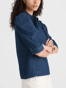 The Comeback S03 Lisa Kudrow Denim Shirt in professional indigo denim with a luxury stand up collar.