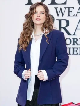 The Devil Wears Prada 2 Barbara Palvin Blazer featuring a professional button closure and luxury blue finish.
