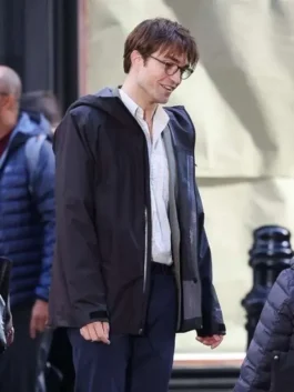 The Drama Robert Pattinson Black Jacket as Charlie Thompson in bold black parachute with a hooded collar and a sharp everyday zip-up silhouette.
