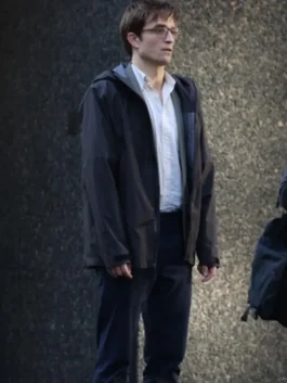 The Drama Robert Pattinson Black Jacket hooded edition in bold black parachute with adjustable cuffs and Robert Pattinson's understated Drama film cool.