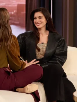 Anne Hathaway The Drew Barrymore Leather Jacket in sleek black real leather with a collarless open style and Anne's sharp on-show presence.
