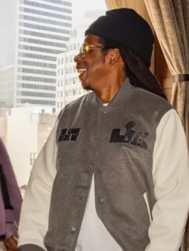 Jay Z The Game Needs Me Wool Varsity Jacket in professional grey wool with luxury white sleeves design.