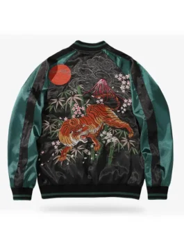 Tiger Sukajan Jacket in rich black and green satin with a rib knitted collar, bold tiger artwork and a sharp everyday Japanese streetwear zip-up silhouette.
