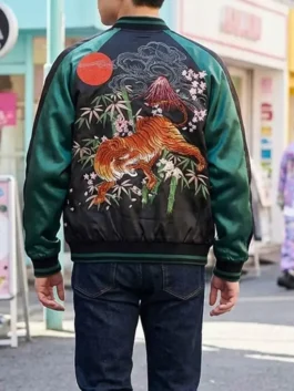Tiger Sukajan Jacket back view in bold black and green satin revealing a stunning full-panel tiger embroidery and a clean structured rib knitted hem finish.