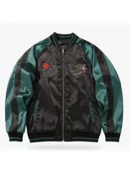 Tiger Sukajan Jacket front view in bold black and green satin with a rib knitted collar, zipper closure and a sharp Japanese streetwear everyday silhouette.