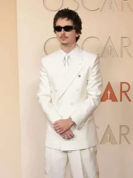 Timothee Chalamet Oscars White Suit from the 2026 ceremony in pristine white suiting fabric with a commanding double breasted formal presence.