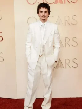 Timothee Chalamet Oscars White Suit featuring a sharp lapel collar and double breasted button closure in elegant white suiting fabric.