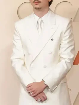 Timothee Chalamet Oscars White Suit front view showcasing the double breasted lapel, crisp white fabric and a polished formal silhouette.