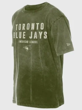 Toronto Blue Jays 2026 Armed Forces Day T Shirt in olive green lightweight fabric with a round neck collar and a bold Blue Jays Armed Forces Day graphic.