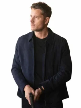 Tracker S03 Justin Hartley Suede Leather Jacket as Colter Shaw in rich blue suede leather with a sharp shirt collar and a bold zip-up tracking adventure build.