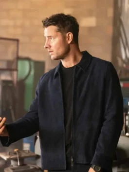 Tracker S03 Justin Hartley Suede Leather Jacket in vibrant blue suede leather with a clean shirt style collar and Justin Hartley's sharp Season 3 on-screen edge.