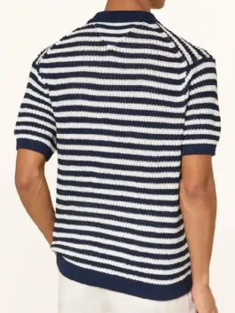 Travis Kelce Smart Casual Knit Striped Shirt back view in clean white and blue knitted fabric with a relaxed half sleeve smart casual structured silhouette.