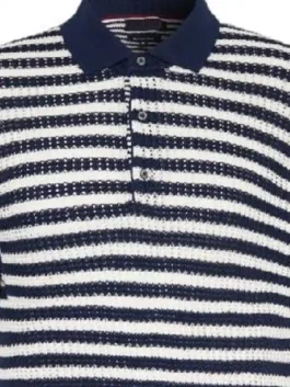Travis Kelce Smart Casual Knit Striped Shirt in white and blue knit with a half button closure and Travis Kelce's signature sharp smart casual everyday style.