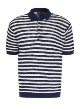 Travis Kelce Smart Casual Knit Striped Shirt front view in crisp white and blue knit with a shirt collar and a sharp half button pullover silhouette.