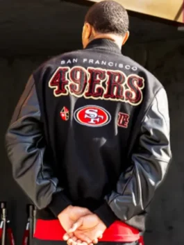Kendrick Bourne San Francisco 49ers Varsity Jacket highlighting professional wool grain and luxury rib knitted cuffs.