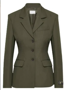 Beef Ashley Miller Green Blazer front view in sharp green suiting fabric with a lapel collar and a clean polished button-up silhouette.