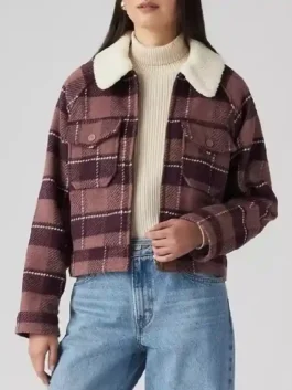 Beef S02 Amy Lau Plaid Jacket as worn by Ali Wong in rich burgundy wool with a sherpa collar and sharp plaid pattern throughout.