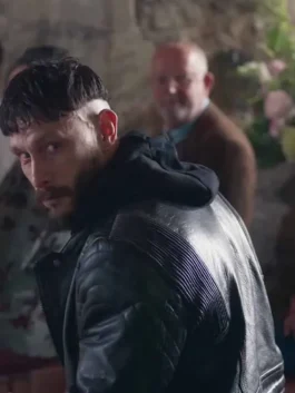 Richard Gadd Half Man Black Jacket as Ruben in bold black real leather with a snap tab erect collar and a sharp commanding zip-up everyday character silhouette.