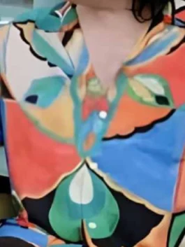 Great Celebrity Bake Off Noel Fielding Multicolor Shirt from Season 9 in bold geo multicolor cotton with button cuffs and a playful expressive design.