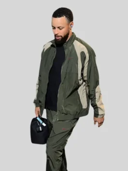 Undefeated Air Jordan Stephen Curry Jacket in deep olive green cotton polyester with a stand up collar and a clean athletic zip-up everyday silhouette.