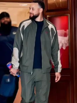 Undefeated Air Jordan Stephen Curry Jacket in olive green featuring a stand up collar, zipper closure and the iconic Undefeated x Air Jordan collab design.