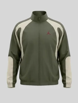 Undefeated Air Jordan Stephen Curry Jacket front view in olive green with a stand up collar and a clean athletic zip-up silhouette.