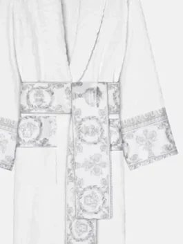 Versace Ford Jast White and Silver Bathrobe featuring professional white panels and luxury silver border accents.