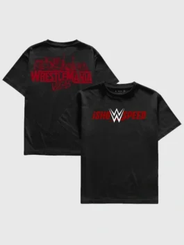 IShowSpeed x WrestleMania Black T-Shirt in professional finish with luxury rounded neckline and short sleeves.