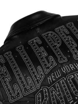 Pelle Pelle New York Knicks Black Leather Jacket unisex edition in bold black real leather with Knicks collab detailing and a relaxed everyday streetwear fit.