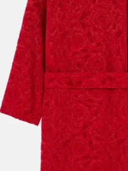 Versace Red Robe highlighting professional fabric grain and luxury gold border accents.