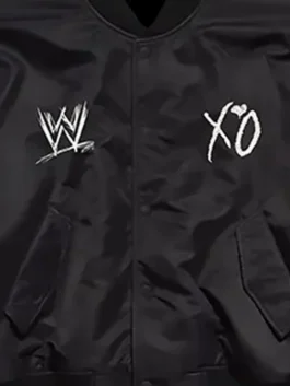 WWE XO Bomber Jacket unisex edition in clean black polyester with a relaxed bomber silhouette and bold WWE x XO crossover detailing throughout.