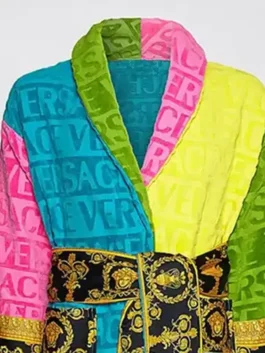 Versace Ari Haley Rich In Color Robe highlighting professional fabric grain and luxury gold border accents.