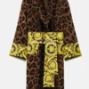 Versace Barocco Robe highlighting professional fabric grain and luxury gold embroidery.