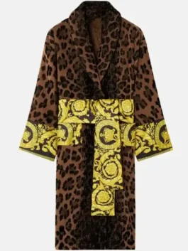 Versace Barocco Robe highlighting professional fabric grain and luxury gold embroidery.