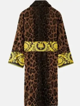 Versace Barocco Robe back view highlighting professional brown finish and luxury full length sleeves.