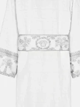Versace Ford Jast White and Silver Bathrobe highlighting professional fabric grain and luxury silver embroidery.