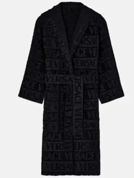 Versace Hooded Robe highlighting professional fabric grain and luxury gold border details.