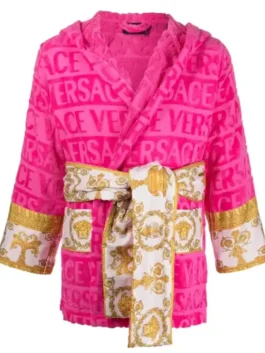 Versace Pink Robe short version in professional finish with luxury side pockets and open hem cuffs.