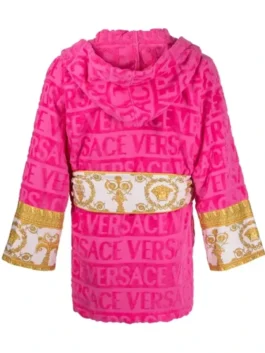 Versace Pink Robe short style back view highlighting professional fabric grain and luxury gold border accents.