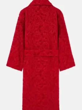 Versace Red Robe back view in professional crimson terry with luxury lapel style collar design.