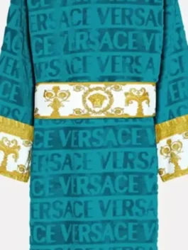 Teal Versace Robe highlighting professional fabric grain and luxury gold border accents.