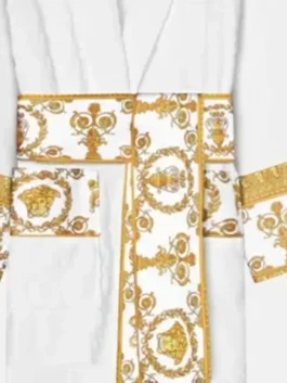 White Versace Robe featuring professional terry panels and a luxury belted closure.