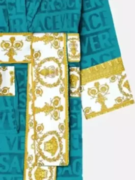 Teal Versace Robe in professional blue terry fabric with luxury lapel style collar design.