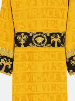 Yellow Versace Robe highlighting professional fabric grain and luxury black embroidery.